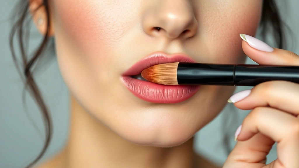 Woman applying creamy MAC lipstick with a lip brush, showing the smooth glide and even color distribution, professional makeup application demonstration with diffused lighting