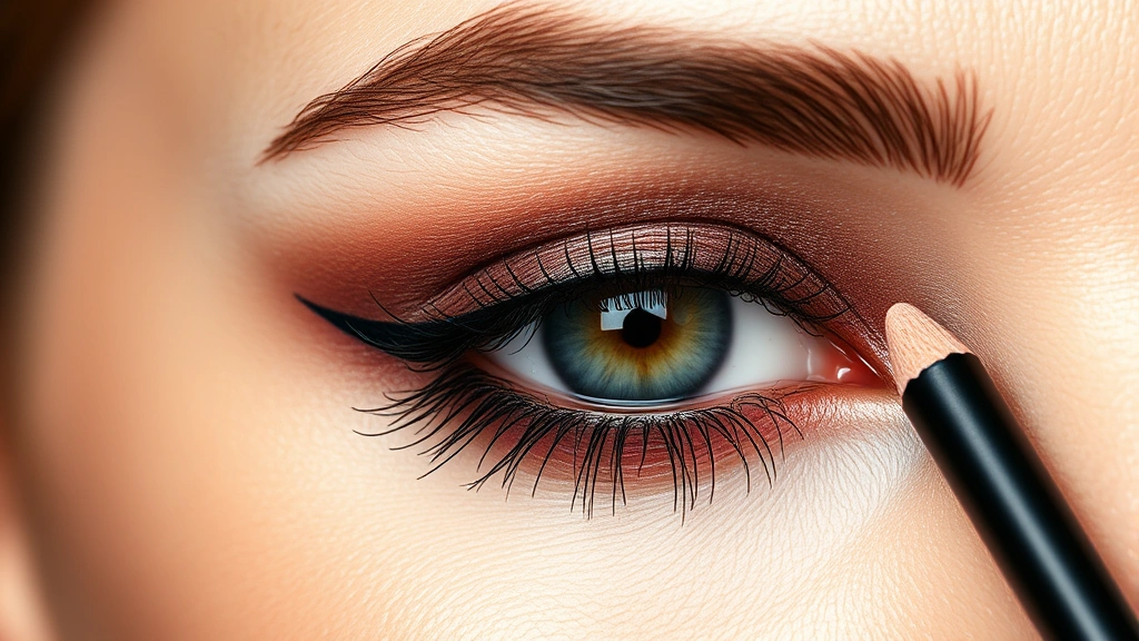 Professional beauty shot of woman's eye with MAC eye pencil applied in smoky blend technique, showing seamless color transition and blendability, close-up detail of eyelid and lash line