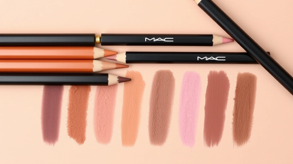 Flat lay arrangement of multiple MAC eye pencil shades in various colors swatched on skin tone sample, displaying color range and pigmentation intensity, soft natural lighting, no text or labels visible