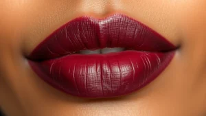 Close-up of MAC Film Noir burgundy-brown lipstick swatch on diverse skin tone, natural lighting, lips slightly parted showing rich color depth and subtle sheen finish