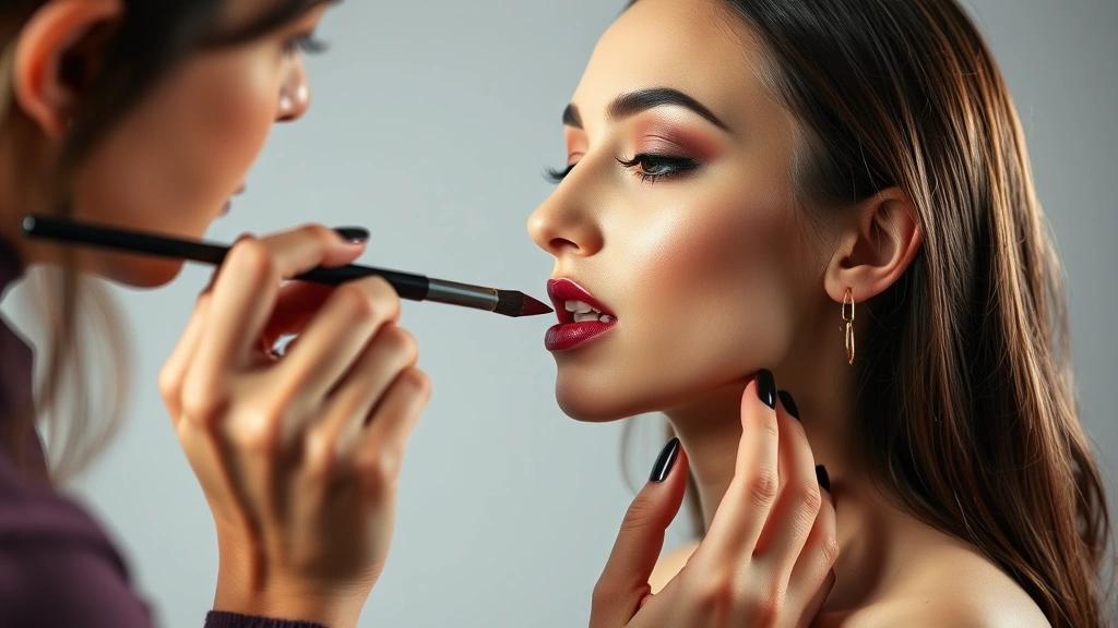 Professional makeup artist applying burgundy lipstick with precision brush to model's lips, showing application technique and blending, studio lighting