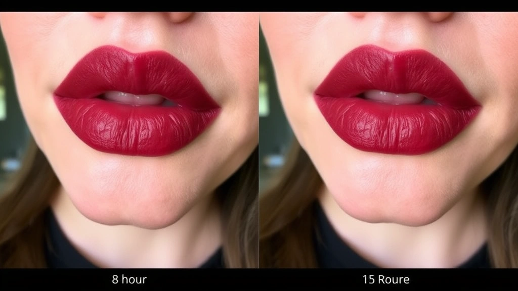 Swatch comparison of burgundy matte lipstick on lips throughout 8-hour period showing longevity and wear consistency, natural indoor lighting