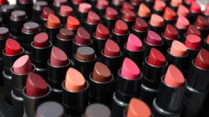 Close-up of diverse MAC lipstick tubes in rich jewel tones and nude shades arranged in organized rows, showing the iconic black cylindrical packaging with rotating mechanism, natural lighting highlighting the glossy finish and color variations