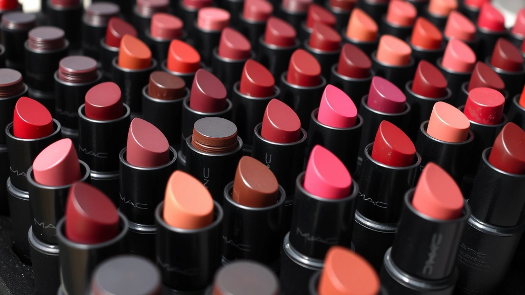 Close-up of diverse MAC lipstick tubes in rich jewel tones and nude shades arranged in organized rows, showing the iconic black cylindrical packaging with rotating mechanism, natural lighting highlighting the glossy finish and color variations