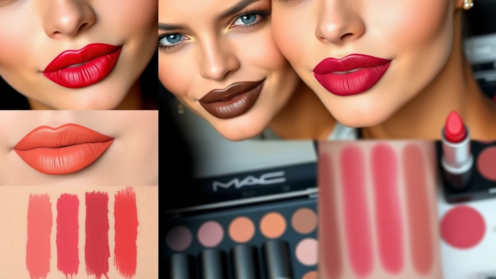 Swatches of multiple MAC lipstick colors on different skin tones including fair, medium, olive, and deep complexions, displaying both matte and satin finishes with true-to-color pigmentation visible, professional makeup artist setup with organized palette