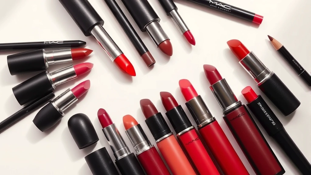 Artistic flat lay of curated MAC lip set collection with coordinated shades arranged in color story formation, including complementary lip liners and conditioning products, soft diffused lighting emphasizing product quality and premium packaging aesthetic