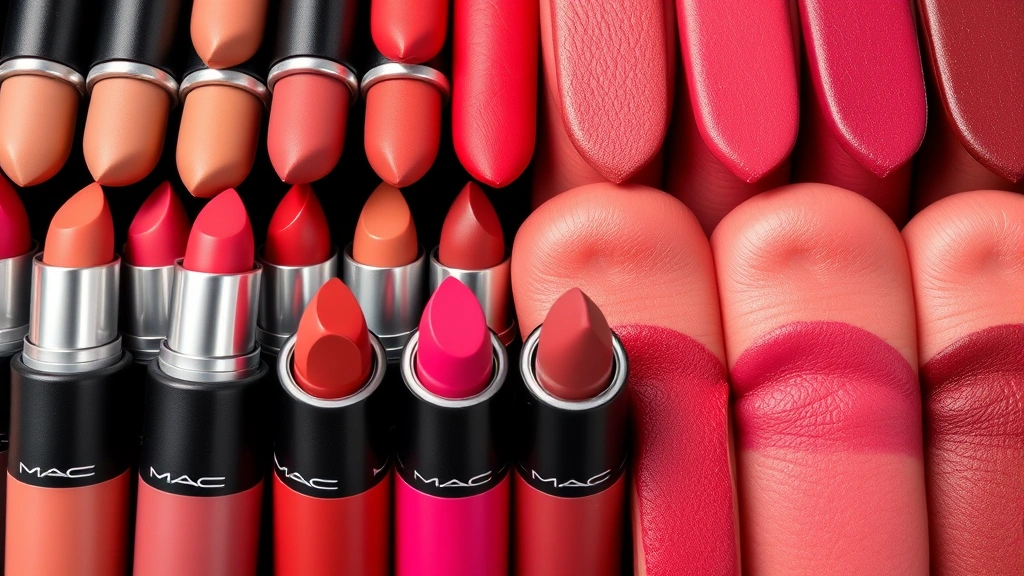 Close-up of diverse MAC lipstick shades arranged in rows showing color range from warm nudes to cool berries, displaying swatches on various skin tones, professional beauty photography with natural lighting