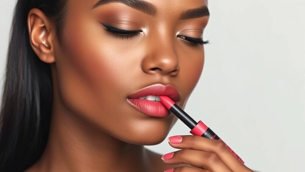 Woman with deep skin tone applying MAC matte lipstick with precision using angled brush tip, showing lipstick glide quality and smooth application technique against neutral background