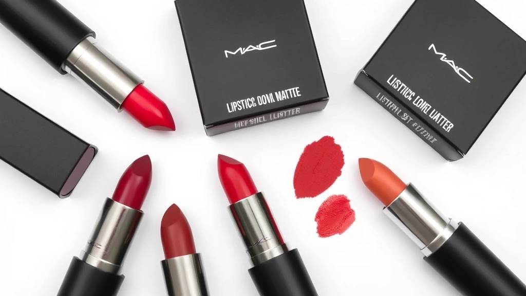 Flat lay arrangement of MAC lipstick set packaging with open lipsticks displaying retro matte and satin finishes, complementary shade selection with color swatches on white surface, minimalist beauty styling