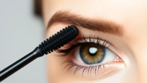 Close-up of mascara brush applying black mascara to upper lashes, showing precise lash separation and definition against neutral background