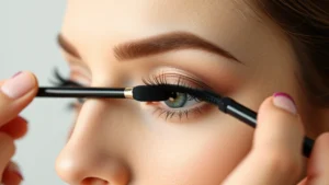 Professional makeup artist applying black mascara to model's eye with precision brush technique, close-up of lash definition and product application, soft studio lighting highlighting mascara texture and lash separation