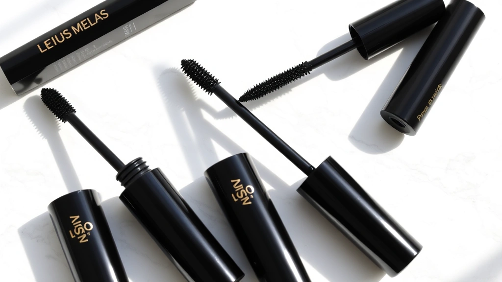 Comparison of three mascara tubes in black packaging displayed on white marble surface with soft natural lighting, highlighting premium product presentation