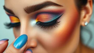 Close-up of professional makeup artist applying vibrant eyeshadow with precision brush on diverse skin tone, showing pigment intensity and blending