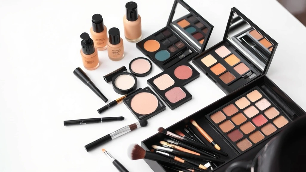 Makeup artist kit organized with professional cosmetics, showing foundation bottles, eyeshadow palettes, and brushes arranged on white surface