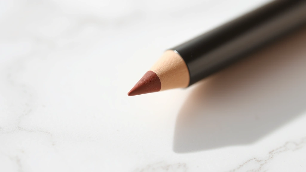 Close-up of a sharpened MAC Stone neutral lip liner pencil on a white marble surface with soft natural lighting, showing the precise tip and product texture clearly