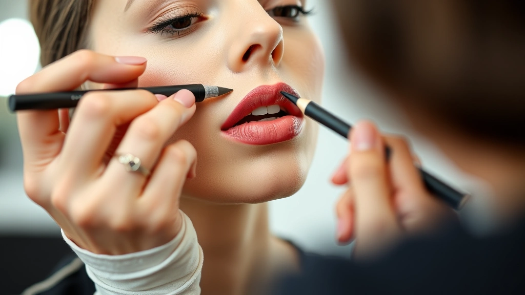 Professional makeup artist applying MAC Stone Lip Liner to a client's lips with precision, showing proper application technique and controlled hand positioning