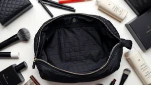 Flat lay of Marc Jacobs quilted nylon cosmetic bag in black with logo tape detailing, opened to show soft microfiber lining, surrounded by makeup brushes and skincare bottles