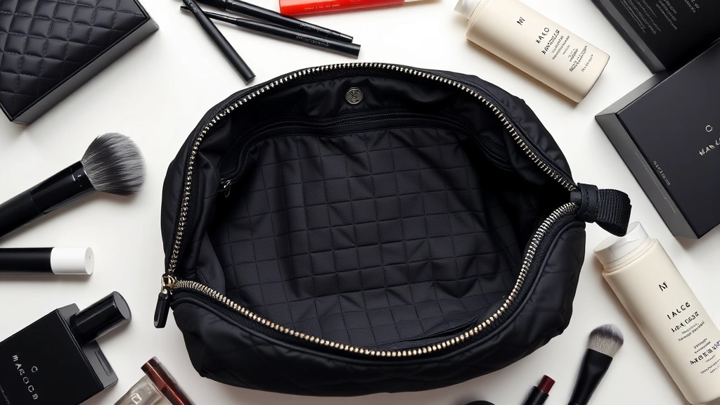 Flat lay of Marc Jacobs quilted nylon cosmetic bag in black with logo tape detailing, opened to show soft microfiber lining, surrounded by makeup brushes and skincare bottles