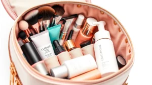 Close-up of luxury cosmetic bag interior with organized makeup brushes, skincare bottles, and beauty products neatly arranged in compartments, professional lighting, white background, detailed texture visible