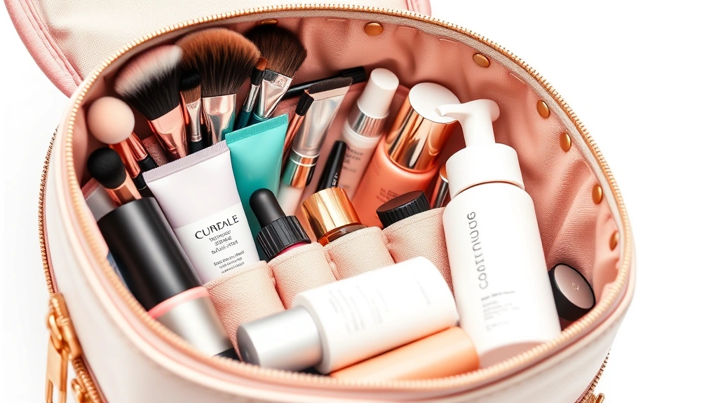 Close-up of luxury cosmetic bag interior with organized makeup brushes, skincare bottles, and beauty products neatly arranged in compartments, professional lighting, white background, detailed texture visible