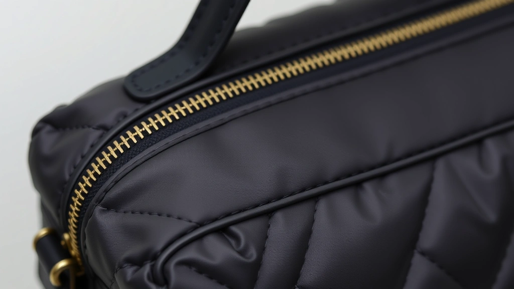 Close-up detail of Marc Jacobs cosmetic bag showing texture of quilted nylon, reinforced handle stitching, and smooth metal zipper mechanism against neutral background