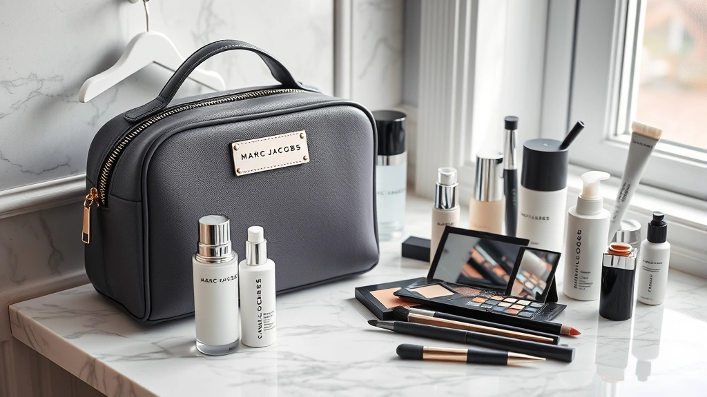 Marc Jacobs cosmetic bag styled on luxury marble vanity next to glass skincare bottles, makeup palettes, and luxury grooming tools in natural window lighting