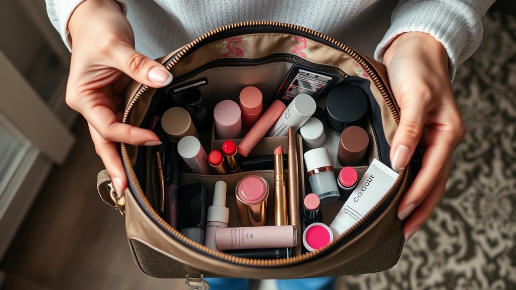 Woman's hands opening an organized cosmetic bag revealing compartments with lipsticks, mascaras, skincare products, and beauty tools inside, realistic natural lighting, close-up detail shot