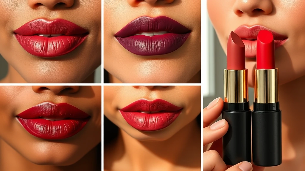 Luxury lipstick swatches in rich jewel tones—deep burgundy, wine, and terracotta—applied on diverse skin tones showing true color payoff and matte finish texture, photographed with natural window lighting