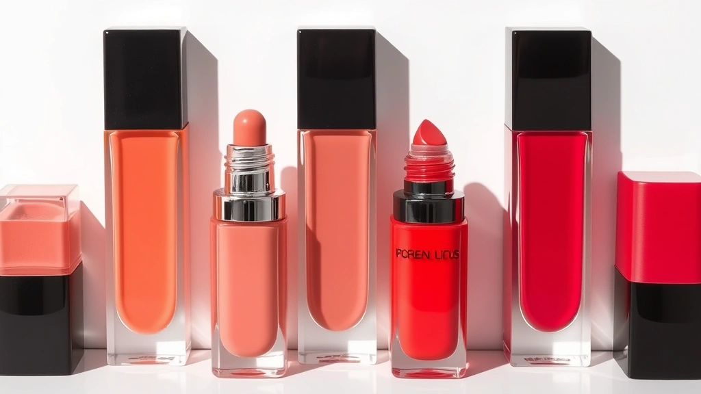 Array of sheer tinted lip products in glass containers displaying translucent peachy, coral, and berry formulations with visible natural ingredients like botanical oils, shot against minimalist white background with soft shadows