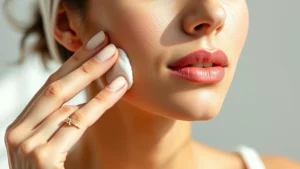 Woman applying moisturizer to her face with fingertips, professional skincare routine, natural lighting, clear dewy skin visible, close-up beauty shot