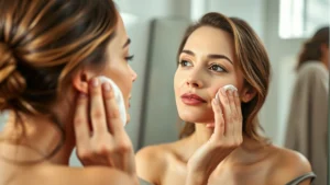 Woman applying Mary Kay toner with cotton pad on clean face, soft natural lighting, serene bathroom setting, dewy skin texture visible, morning skincare routine