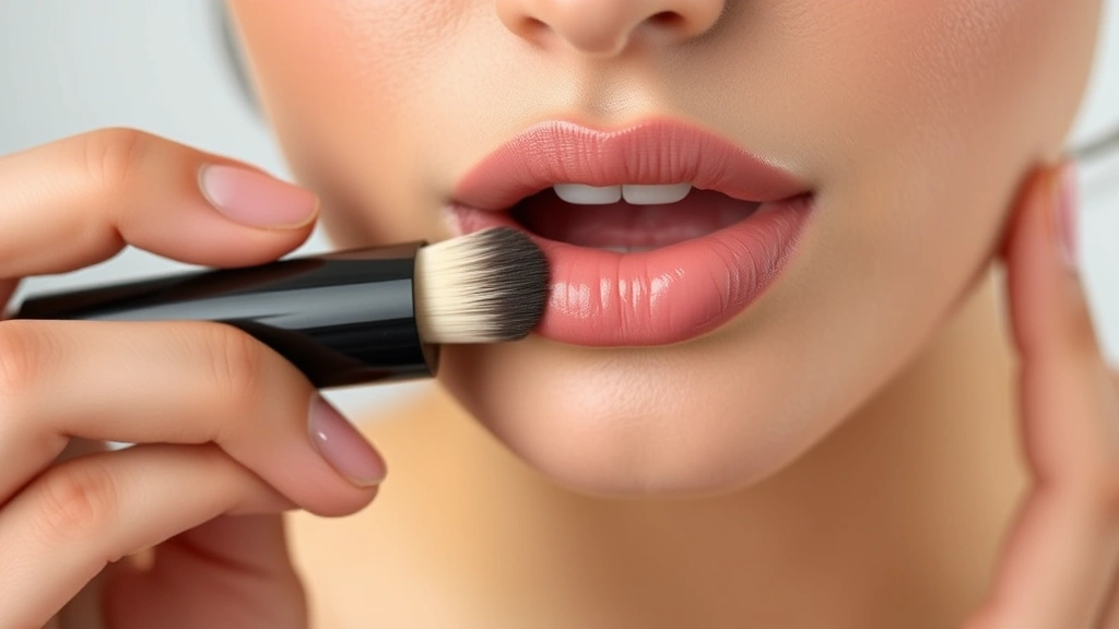 Close-up of hands applying nude-pink Mary Kay lipstick with a precise lip brush to well-prepared, moisturized lips, professional studio lighting, soft focus background