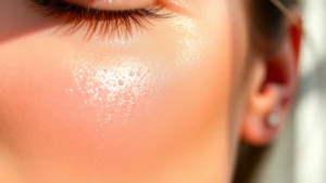 Close-up of luminous, hydrated skin with dewey glow, showcasing skincare product absorption, natural lighting highlighting skin texture and radiance