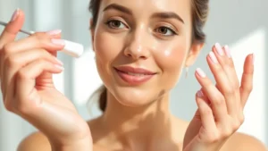 Professional woman with glowing, hydrated skin applying moisturizer, natural lighting, close-up on face and hands, skincare routine demonstration