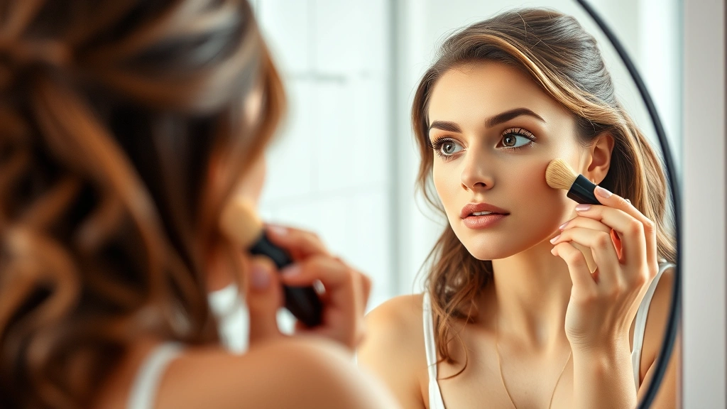 Woman examining makeup in mirror with natural daylight, applying foundation or powder, realistic skin texture visible, genuine beauty routine moment