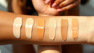 Close-up of diverse skin tones displaying perfectly matched liquid foundation swatches blended seamlessly on wrists, showing warm, cool, and neutral undertones with natural daylight reflection