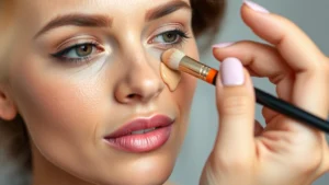 Professional makeup artist applying liquid foundation with brush on diverse skin tone, natural lighting, close-up showing texture and blend, no product labels visible
