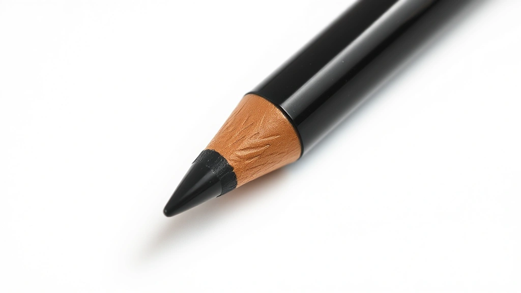 Close-up of sharp black eye pencil tip on clean white background, showing smooth creamy texture with subtle sheen, professional product photography