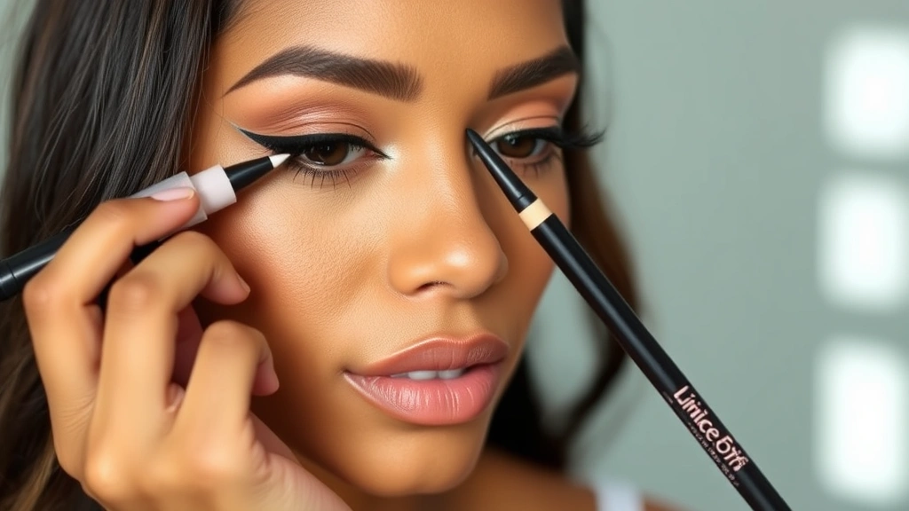 Woman with medium skin tone applying black waterline eyeliner with Melt Cosmetics pencil, focused on lower lash line technique, natural lighting showing product application