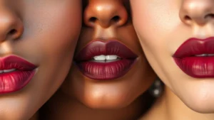 Close-up of diverse skin tones displaying rich burgundy and mauve lipstick swatches on lips, showing matte finish and color payoff, natural lighting, professional makeup photography