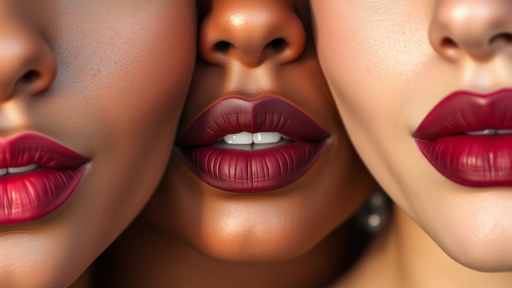 Close-up of diverse skin tones displaying rich burgundy and mauve lipstick swatches on lips, showing matte finish and color payoff, natural lighting, professional makeup photography