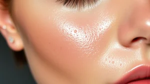 A close-up of dewy, glowing skin with visible hydration, showing improved texture and luminosity from skincare products, natural lighting highlighting healthy complexion