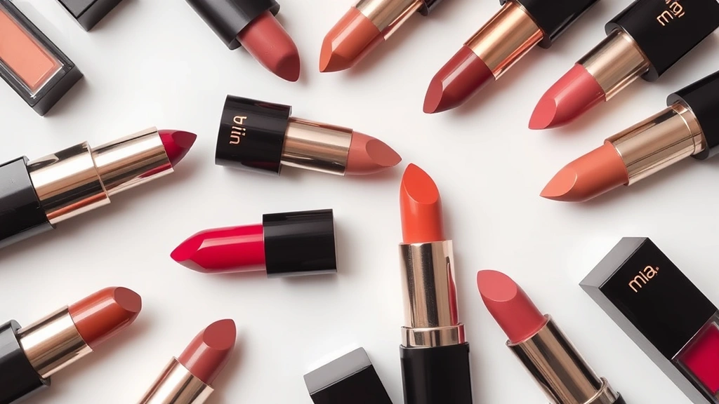 Flat lay of Mia Cosmetics lipstick collection in various shades arranged by finish type, showing packaging and product texture without labels, soft diffused light, beauty editorial style
