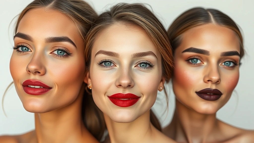 Woman with different undertones wearing coordinating Mia lipstick shades, demonstrating shade range from nude to bold jewel tones, natural daylight, inclusive beauty representation