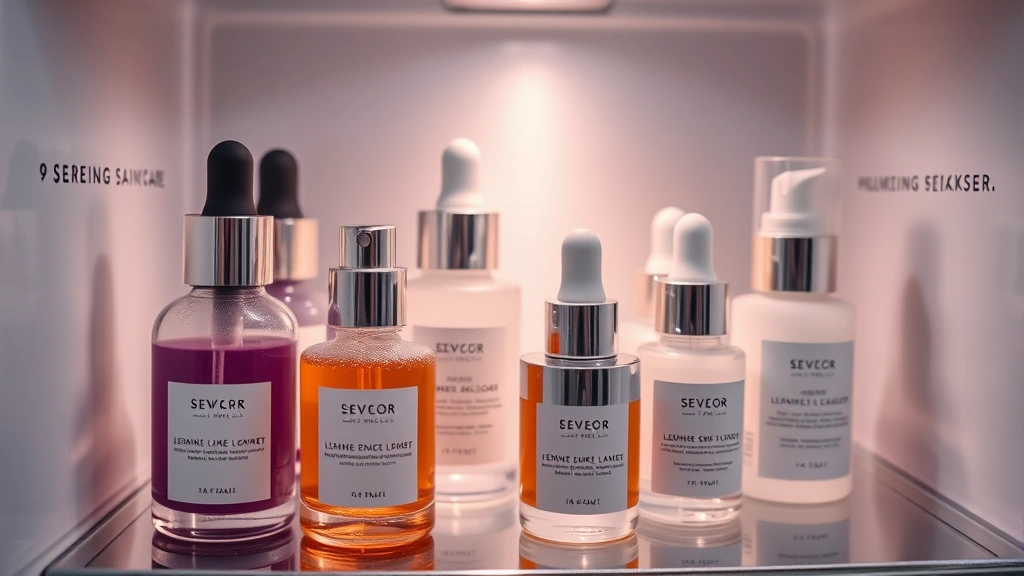 Close-up of luxury skincare serums and glass bottles arranged in a sleek, minimalist cosmetics fridge with soft LED lighting, showing condensation on glass bottles and organized product placement