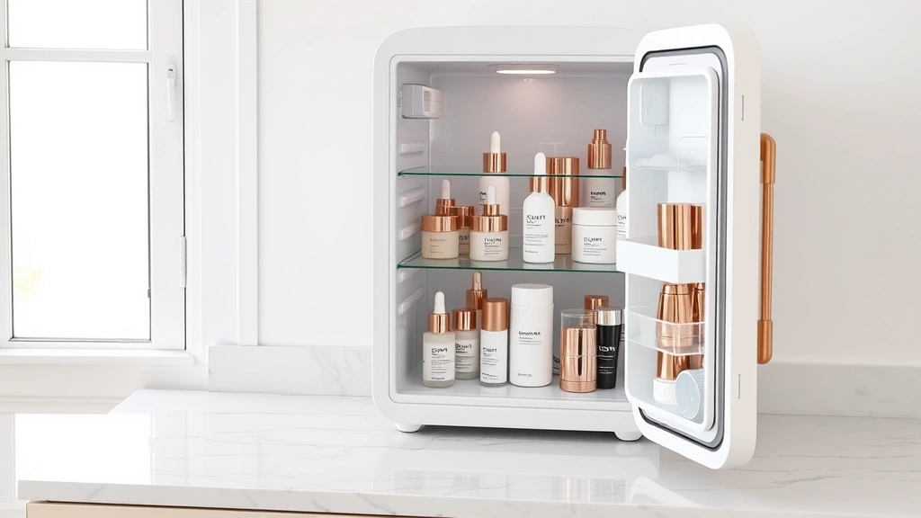 Minimalist white and rose gold cosmetics fridge on marble vanity with reflected skincare bottles inside, soft natural window lighting