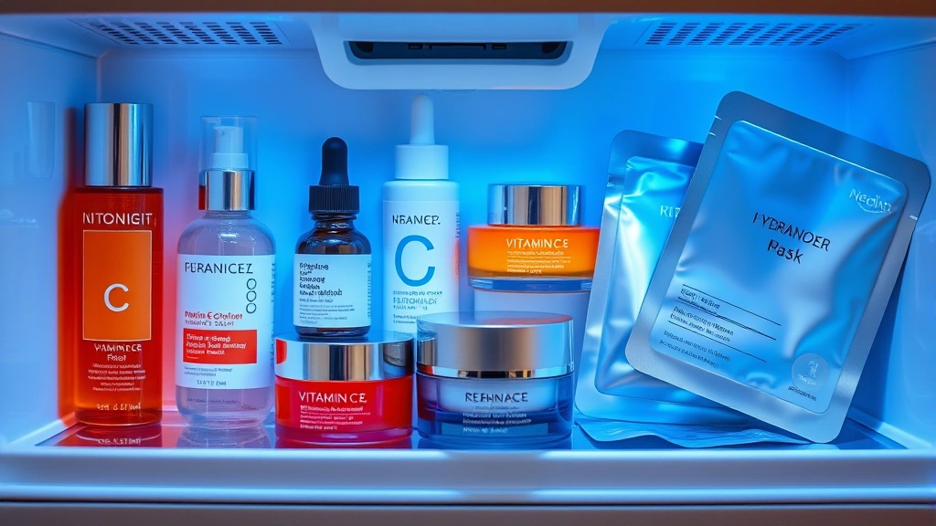 Flat lay overhead shot of refrigerated beauty products including vitamin C serum, retinol cream, eye gel, and hydrating masks arranged on white shelf with cool blue lighting ambiance