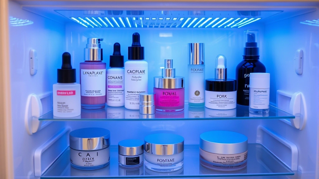 Close-up of organized cosmetics fridge interior showing serums, eye creams, and moisturizers on adjustable shelves with cool blue LED lighting
