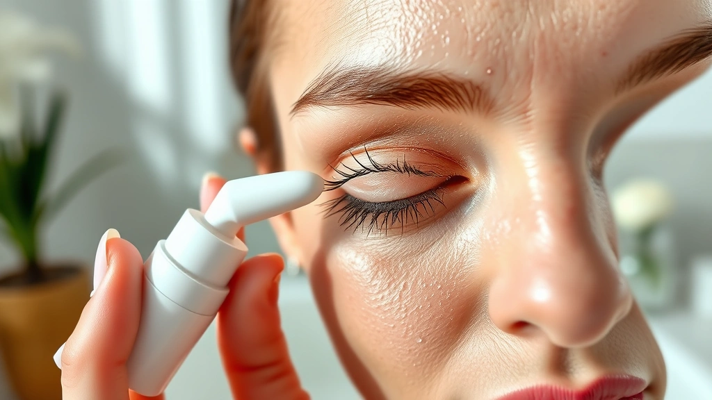 Woman's hand holding a cool eye cream applicator near closed eye, showing refreshing application with visible dewy skin texture and serene spa-like bathroom setting in background