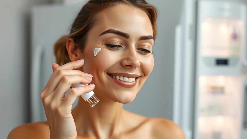 Woman applying chilled serum to face with visible satisfaction, dewy skin, soft spa-like bathroom setting with fridge visible in background